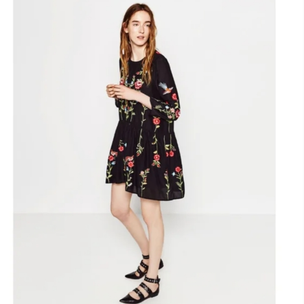 ZARA Black Embroidered Floral Cotton Voile Peasant Babydoll Mini Dress